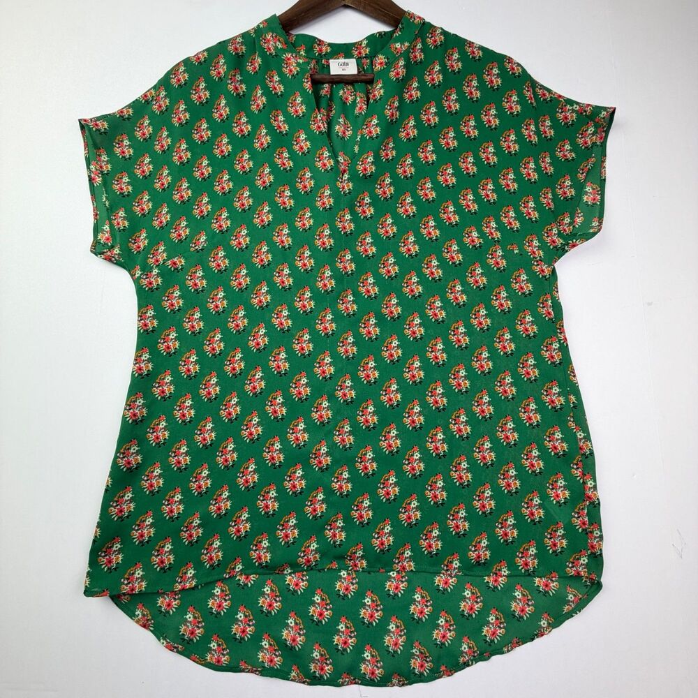 Cabi Green Floral Print Split Neck Blouse XS